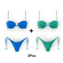 Women's Glossy String Bikini Set Soild Swimsuit Women's Fashion Bikini Green Halter Sport Swimsuit Beach Vacation Low Cut Shiny - 藍+綠 - 查看 12