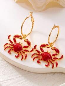 Pendientes con colgante de cangrejo exagerado estilo festivo - Diseño creativo para pendientes inspirados en la playa - Rojo - Ver 3