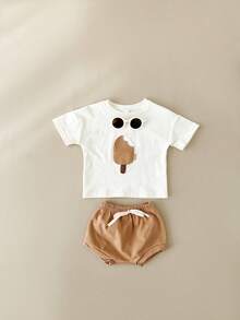 Newborn Baby Boy Girl Ice Cream Applique Casual Short Sleeve T-Shirt And Shorts Set, 2-Piece Summer Outfit - Beige - View 3