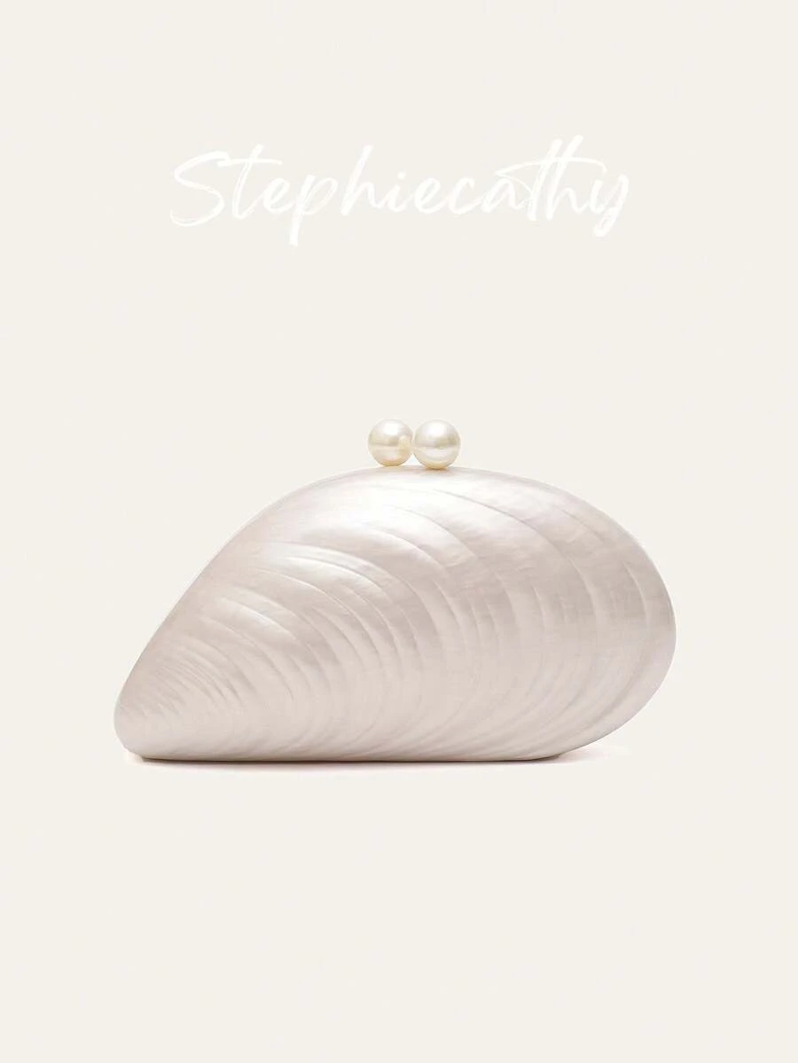 STEPHIECATHY 女款時尚華麗優雅壓克力手拿包 磁吸扣 貝殼造型長鏈晚宴包 適合婚禮晚餐派對舞會宴會 - 米色 - 查看 1