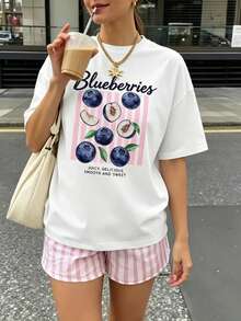 Women's Round Neck Fitted T-Shirt, A Women's T-Shirt With A Round Neck And Strawberry Illustration, Short-Sleeved Top. Lightweight And Breathable Wo - 白色 - 查看 2