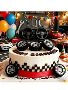 5 Sets Mini Rennwagen Reifen Tortenaufsätze, realistische Kunststoff Radnabe Dekoration, wiederverwendbare 3D runde Rennwagen Ornamente für Geburtstagstorte und Cupcake Dekoration - Mehrfarbig - Übersicht 2