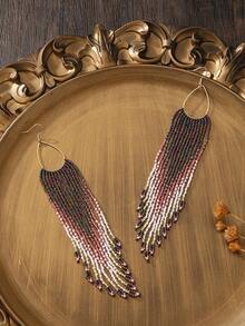 1 Pair Handmade Beaded Earrings, Bohemian Style Pink & White Gradient Oval Hoop Beaded Tassel Earrings, Unique Elegant Fashion Accessory, Shoulder-Length Vintage Long Dangle Earrings, Vacation Personalized Jewelry, Suitable For Holiday Party & Daily Wear - Tassel - View 4