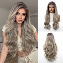 Ombre Grey Brown Wavy 13*4 Lace Front Wig, Pre-Plucked Natural Hairline With Baby Hair, Heat-Resistant Synthetic Fiber Glueless Natural Look Long Curly Wig 26 Inch - Brown Ombre - View 14
