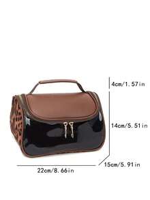 Vintage Leopard Print Patchwork Makeup Bag, Waterproof Transparent Toiletry Bag, Suede Leopard + Leather Patchwork Design, Paired With Transparent PVC Waterproof Wear-Resistant Double Zipper Closure Handbag, Can Store Skincare Products, Cosmetics, Suitable For Daily Storage, Short Trips, Lightweight Portable Storage Bag. - Brown - View 6