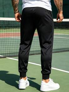 1pc Men's Summer Cuffed Joggers, Elastic Drawstring Waist, Side Zipper Pockets, Casual Sports Pants, Suitable For Fitness, Running And Daily Wear - Black - View 2