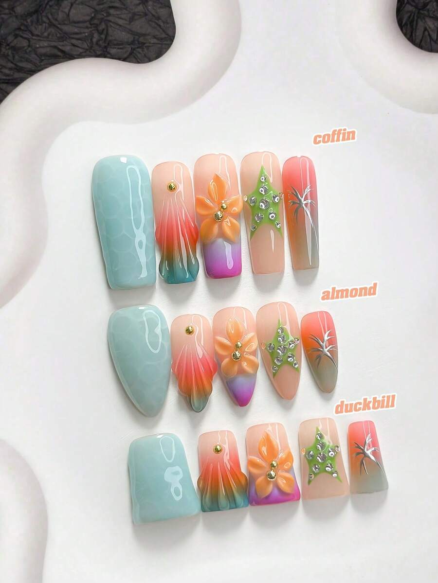 10pcs Island Vacation Style Handmade Press-On Nails, Polygel Nail Art Set, Five-Petal Flower Design, Star Pattern, Blue, Orange And Green Nail Polish, Casual Style, Includes Nail Tools, 3 Sizes Available, Almond Shape, Duck Shape, Coffin Shape, Suitable For Party, Dancing, Daily Wear - 彩色 - 查看 1