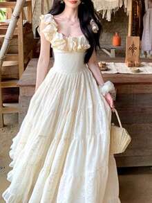 Dress, Wedding Dress, Long Dress, Wedding Guest Dress: Heavyweight Material, Extra-Wide Skirt, Strapped Waist-Defining Dress (Women's Resort Dress) - Apricot - View 1