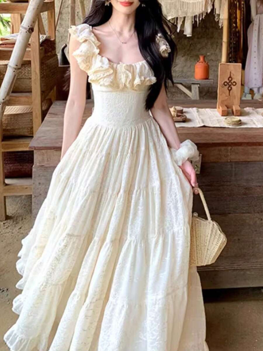 Dress, Wedding Dress, Long Dress, Wedding Guest Dress: Heavyweight Material, Extra-Wide Skirt, Strapped Waist-Defining Dress (Women's Resort Dress) - Apricot - View 1