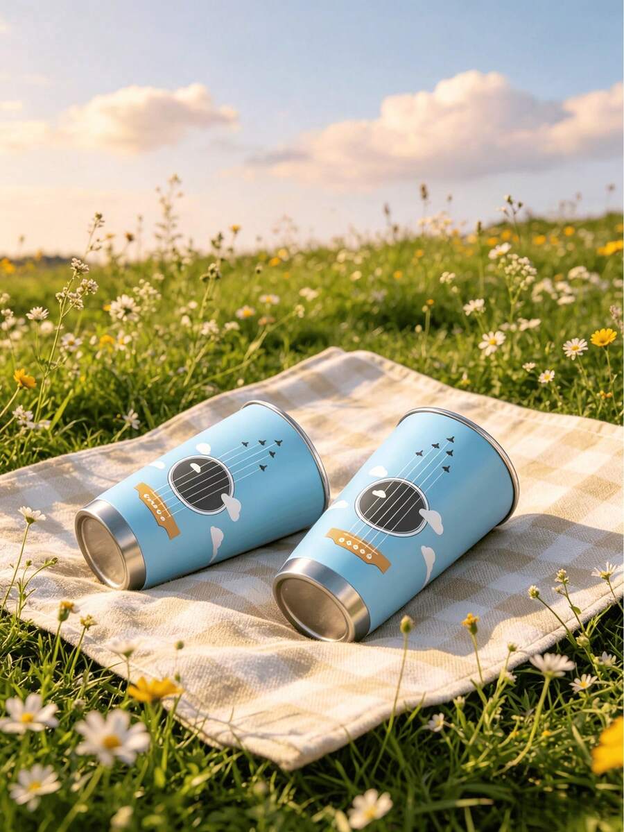 1 Stück/5 Stücke 20oz Edelstahl isolierter Becher, Himmel Wolke Gitarren Muster, vakuumisolierter Reisebecher. Geeignet für täglichen Kaffeegenuss und Outdoor-Nutzung, perfektes künstlerisches Geschenk für Musikliebhaber, ideal für Geburtstage und Feiertage. - Blau - Gitarrenhimmel - Übersicht 1