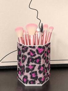 1pc Rhinestone Leopard Print Hexagonal Makeup Brush Holder, Large Capacity, Surface Embedded With Colorful Rhinestones, Luxurious Sparkling Style, Full Rhinestone Pattern, Hexagonal Column Shape, Neat Edge Details, Makeup Tool Container, Suitable For Bedroom Vanity, Makeup Room Desktop And Other Scenes - Multicolor - View 2