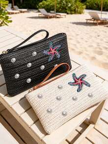 Beach Straw Woven Makeup Bag, Rhinestone Starfish And Pearl Decor, Women's Clutch, Summer Vacation Zipper Coin Purse, Bohemian Style Wrist Bag, Portable Makeup Bag, Woven Wrist Bag, Tropical Style Bag, Suitable For Travel, Beach Vacation, Outings, School, Daily Use, Unique Birthday Gift, Holiday Gift, Party Gift, Vacation Gift, Back To School Gift, Teacher Gift - Multicolor - View 2