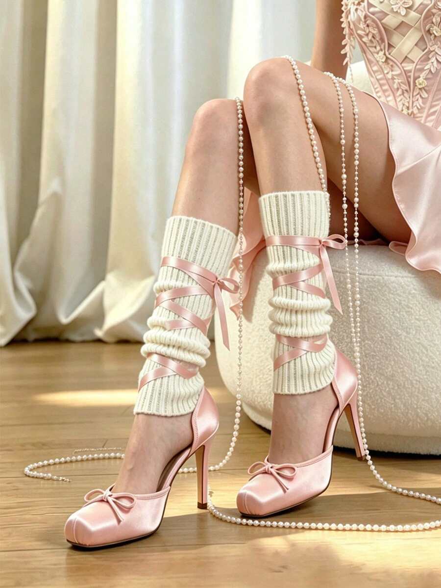 Red Ballet Shoes Bow Dress Party Square Toe Women Satin Ballerina Stiletto High Heel Mary Jane Pumps Lace Up Wedding Sexy Elegant Pumps - 粉色 - 查看 1