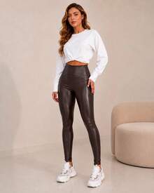 Women's PU Leather Leggings With Thermal Lining, High Waist, Butt-Shaping, With Stitching - 巧克力棕 - 查看 3