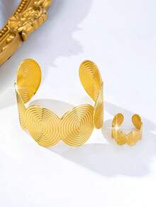 2pcs/Set Geometric Spiral Pattern Open Bangle Bracelet & Ring Set For Women, Fashionable, Suitable For Beach, Vacation, Party, Banquet, Daily Wear - Yellow Gold - View 4
