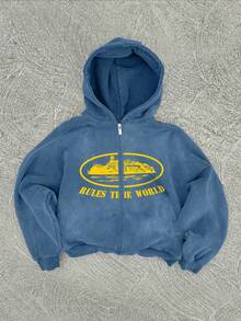 Washed Men's Autumn Drop Shoulder Zip Front Vintage Graphic Print Casual Hoodie - Navy Blue - View 1