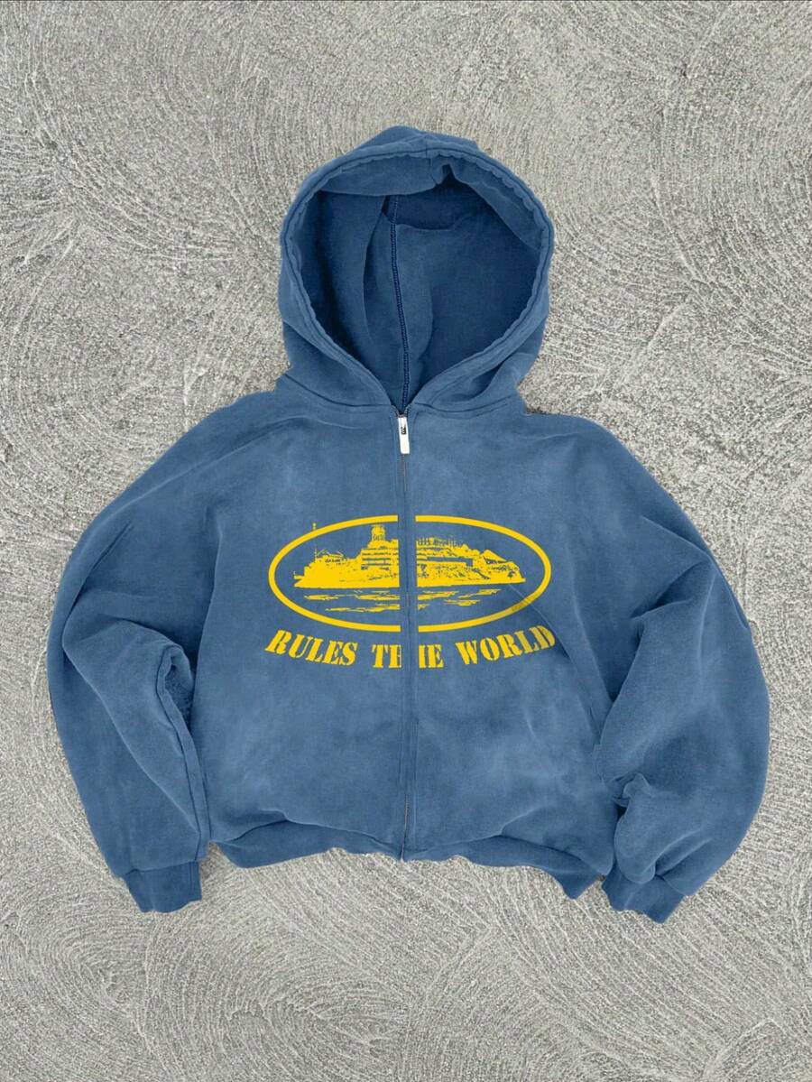 Washed Men's Autumn Drop Shoulder Zip Front Vintage Graphic Print Casual Hoodie - Navy Blue - View 1