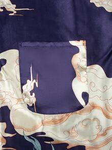 Men's Spring And Summer Oversized Printed Nightgown With Printed Traditional Japanese Elements Suitable For Home Wear - Dark Blue - View 5