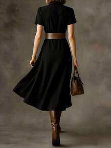 HUTENER Vestido midi A-line de mujer negro con cuello pequeño, manga corta y cintura ceñida, ropa de verano para mujer, vestido midi A-line que estiliza sin cinturón, elegante para ir al trabajo y uso diario (sin cinturón incluido) - Negro - Ver 2