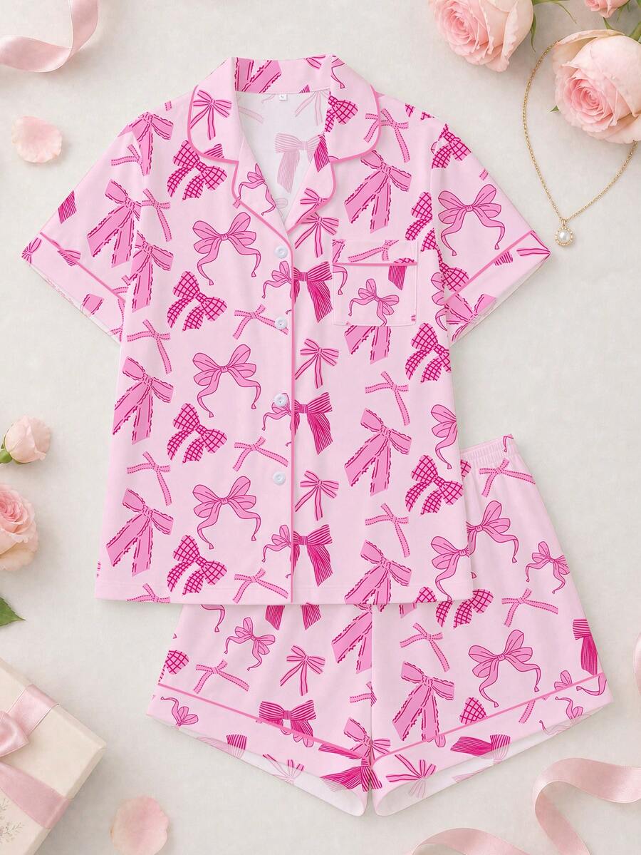 2pcs Women Pajama Set, Bow Print, Ladies Homewear, Spring/Summer Holiday Outfit, Short Sleeve Lapel Top And Shorts Lounge Wear - Hot Pink - View 1