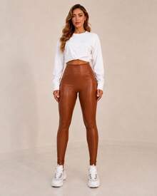 Women's PU Leather Leggings With Thermal Lining, High Waist, Butt-Shaping, With Stitching - 駝色 - 查看 2