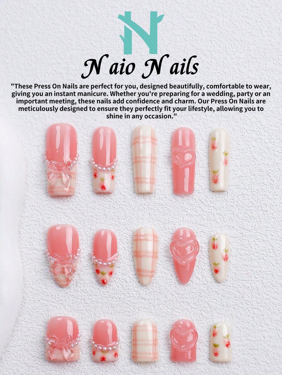 NAIO 10片/組手工穿戴式假指甲,3種尺寸:棺材型/杏仁型/短方型,Y2K甜美風,粉色與奶油色格紋美甲,附3D蝴蝶結與愛心設計,花卉印花與珍珠裝飾,適合女性與女孩,日常使用與派對,女士美甲禮物首選 - 彩色 - 查看 1