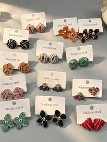 2/6/10/14/18 piezas Pendientes de acero inoxidable chapados en oro estilo verde menta fresco, accesorios para mujeres brasileñas, adecuados para combinar con atuendos refrescantes de vacaciones en la playa. - Multicolor - Ver 1