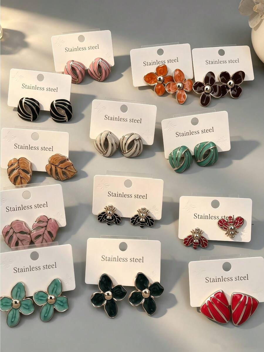 2/6/10/14/18 piezas Pendientes de acero inoxidable chapados en oro estilo verde menta fresco, accesorios para mujeres brasileñas, adecuados para combinar con atuendos refrescantes de vacaciones en la playa. - Multicolor - Ver 1