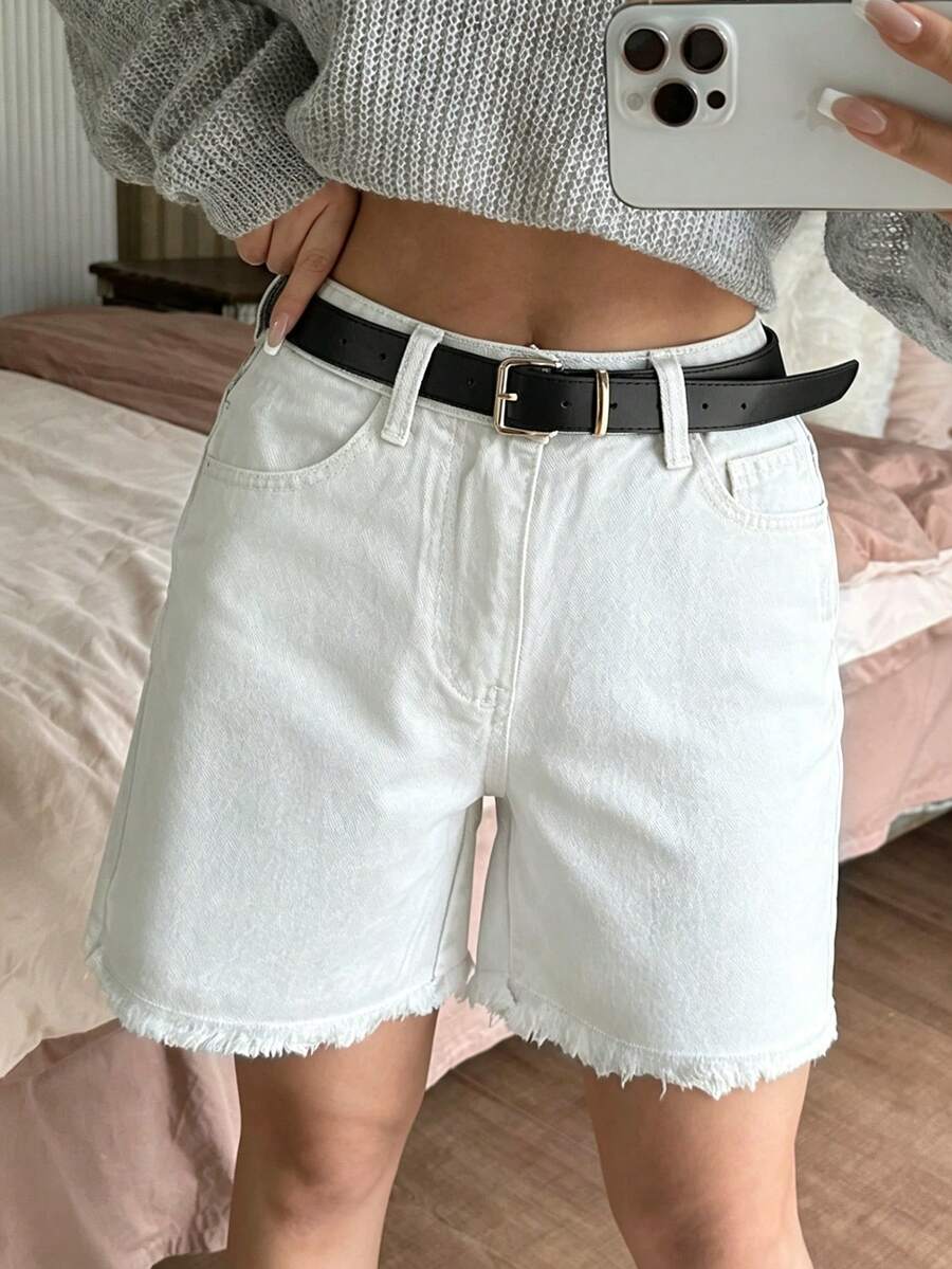 HAPPY GIRL#Versatile Casual Fashionable Leg-Lengthening Simple Frayed Hem Student College Women's Denim Knee Length Shorts - White - View 1