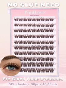 FindLove 90Clusters Brown Lashes With Adhesive DIY Pre Glued Lash Extensions D Curl 10-16mm Press-On Eyelash Crossed Wispy Lash Reusable Individual Eyelashes Natural Soft Lightweight Mix Style Lash Clusters For Self Use At Home Or Travel Makeup Tools - D - View 2