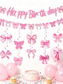 Chic Pink Bow Birthday Banner And Spiral Decorations - Classic Paper Hanging Ornaments For Party Celebrations, English Text, Birthday Party Decorations Pink Bow Birthday Banner Celebration Decor - Multicolor - View 2