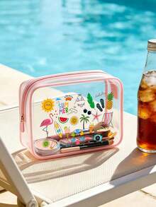 卡通圖案夏季海灘旅行必備收納用品：收納袋、便攜化妝包、印花可愛化妝包、旅行化妝包；可折疊輕便化妝包，可用於存放比基尼、日光浴用品和海灘游泳必需品。方便分類整理，適合商務旅行便攜包；另有化妝包、小化妝包、化妝刷收納管、大容量收納袋，女性創意禮物選擇 - 彩色 - 查看 1