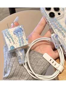Marine Life, Cute Sea Turtle Pattern, Charger Data Cable Protective Cover, Compatible With Apple 20W Charger, Simple Apple Charger Protective Case, Compatible With 20W Phone 15/16 Pro Max Charging Cable Protector, Anti-Scratch, Anti-Bite, Suitable For 13/14 Plus - Deep-sea Jellyfish - View 3