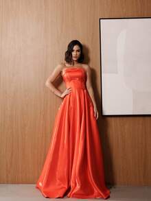 Women's Strapless Long Party Dress In Glossy Zibeline Fabric With Padded Cups And Adjustable Back | For Graduation, Wedding, And Bridesmaid - 橘色 - 查看 2
