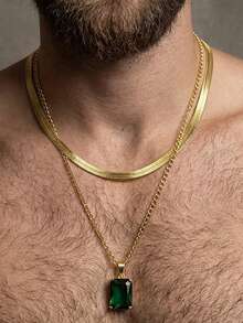 2 Stacked Geometric Square Green Zirconia Pendants, Double-Layer Collarbone Chain, Men's Necklace - Multicolor - View 3