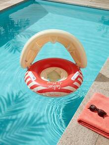 Pink & White Striped Inflatable Baby Swim Ring With Detachable Sun Canopy, Handle Toddler Pool Float, Kids Summer Style - Multicolor - View 3