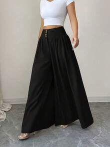 Plus Size Women's Elegant Button Wide Leg Pants With Pockets Loose Draped Wide Leg Trousers - Black - View 3