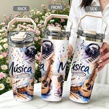 1pc/5pcs 30oz Double Wall Stainless Steel Insulated Tumbler, Music Symbol Pattern, Keeps Cold And Hot Temperatures. Comes With Leak-Proof Lid, Straw And Portable Handle, Suitable For Coffee And Water, Travel Use, Music Theme Gift For Music Lovers. - White - Guitar - View 4