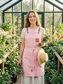 1pc Canvas Apron, Fresh Artistic Style, Multi-Functional Pockets, Fashionable Pink Women's Apron, Suitable For Gardening Apron, Floral Arrangement Apron, Cafe Apron, Workwear Use, Holiday Gift For Wife And Mother - Multicolor - View 2