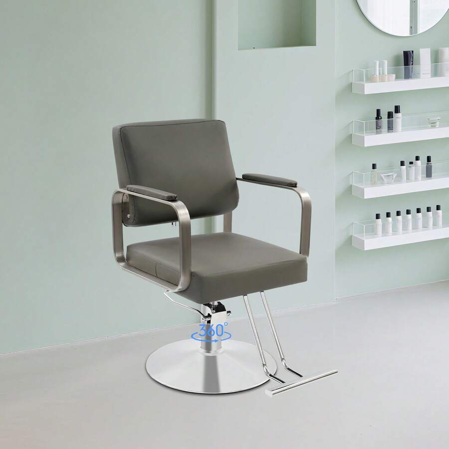 FOGGBET 360° Rotatable Salon Chair, Barber Chair With Hydraulic Height Adjustable, Barber Chair With Hydraulic Pump, 440lbs Multi-Function Hair Chair With Footrest & PU Cushion For Hair Salons, Barber Shops & Home (Grey+Silver) - Gray + Silver - View 1