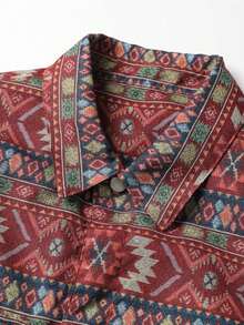 American Retro Geometric Totem Print Button Long Sleeve Pocket Lapel Jacket - Burgundy - View 4