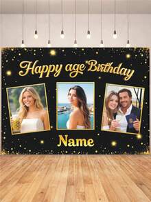 1pc Customizable Photo, Name, Year Black & Gold Glitter Happy Birthday Banner Background, Personalized Gold Glitter Birthday Party Name Decor, Suitable For Cake Table, Photography Backdrop, Vinyl Material - Black Gold - View 2