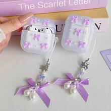Pink/Silver Drip Glue Bow Wireless Bluetooth Earphone Case Compatible With Apple For AirPods Pro3/4th Generation/3rd Generation Pro/Pro2 Shockproof Bluetooth Earphone Protective Bow Pendant Gift For Girlfriend - Purple - View 3