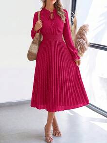 PRETTYGARDEN Women's Spring Fall Midi Dress Casual Long Sleeve V Neck Swiss Dot Pleated A Line Flowy Dresses New Years Party Valentine Vacation Dresses For Women - 玫紅色 - 查看 1