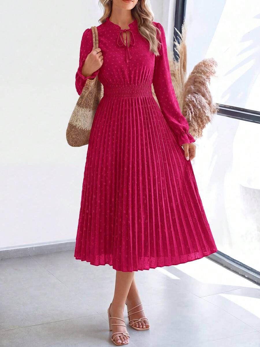 PRETTYGARDEN Women's Spring Fall Midi Dress Casual Long Sleeve V Neck Swiss Dot Pleated A Line Flowy Dresses New Years Party Valentine Vacation Dresses For Women - 玫紅色 - 查看 1