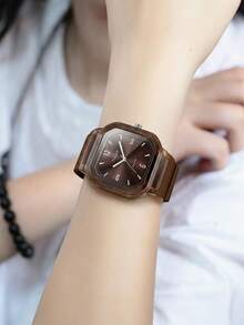 1 pieza Reloj de pulsera de cuarzo minimalista cuadrado casual y asequible para mujer con correa de silicona, adecuado para uso diario - Marrón - Ver 6