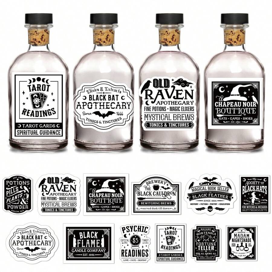 12pcs Creepy Halloween Apothecary Bottle Labels, Horror Wine Bottle Labels, Vintage Scary Potion Bottle Stickers, Halloween Apothecary Bottle Stickers, Halloween Party Decorations - Multicolor - View 1