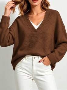 Plus Size Women's Essential V-Neck Long Sleeve Sweater - Must-Have Autumn/Winter Wardrobe Item - Coffee Brown - View 2