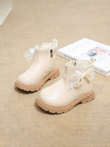 Classic Ankle Boots Style, Rounded Wide Toe Box, Fits Children's Developing Feet, No Toe Squeezing; Creamy Apricot Matte PU Upper, Soft Texture, - Beige - View 3