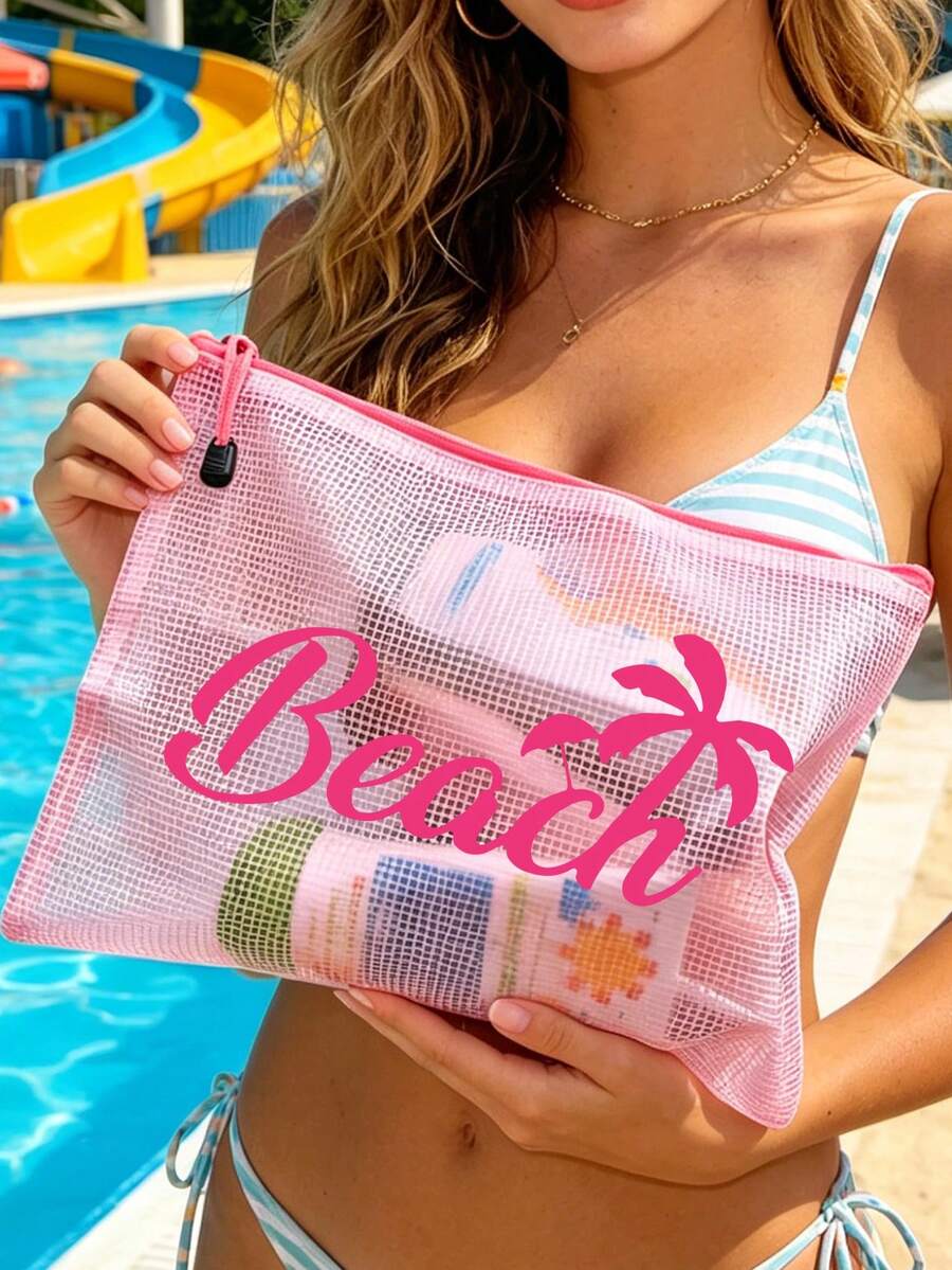 多色防水時尚網格海灘包，印有「Beach」字樣的化妝包，羽毛花朵、朱槿、海星、貝殼和珍珠元素，大容量透明化妝包，尼龍拉鍊盥洗包，輕巧，可存放防曬霜、零食、比基尼和海灘必需品，送給朋友、家人、閨蜜、同學的完美禮物和紀念品，適用於生日、假期、派對、婚禮（伴娘）、教師節、郵輪必需品、夏季度假禮物